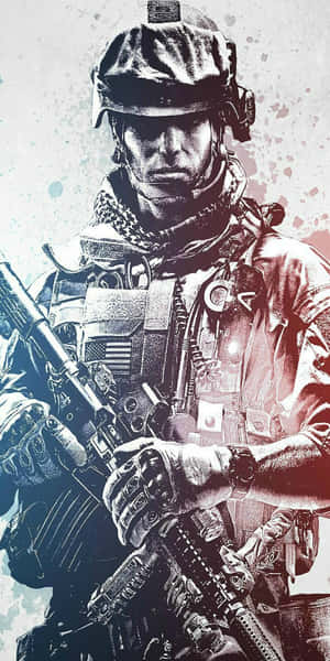 一名穿著戰鬥裝備的士兵在潑濺的背景中手持步槍。 — Pixel 3 壁紙