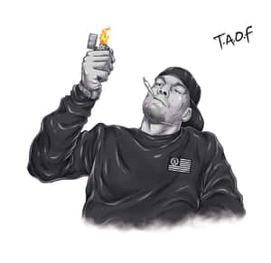 戴帽子和連帽衫的男子用打火機點煙，煙霧升起。 — 抽菸 壁紙