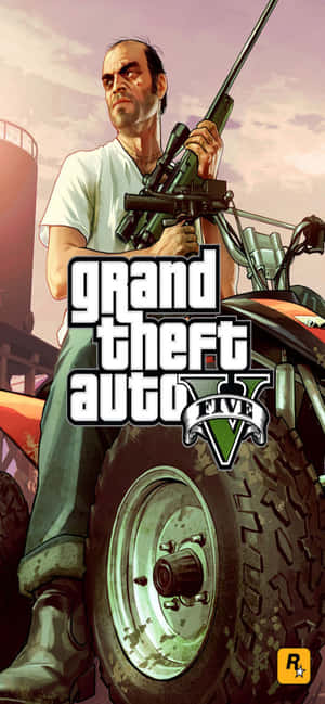 在GTA V遊戲藝術中，男子在機車旁持步槍。 — 電玩遊戲 GIF 壁紙