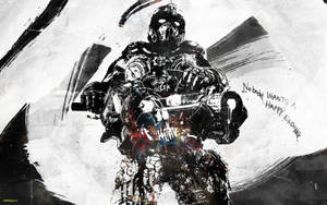 裝甲戰士戴骷髏面具持武器，背景濺有文字 — 戰爭機器 壁紙