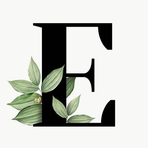 黑色字母E裝飾有綠葉和小黃花。 — 字母e 壁紙