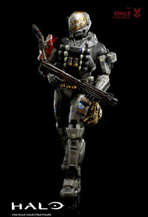 Halo Spartan III收藏人偶，全副盔甲，在黑色背景前手持武器。 — 小米Mix 壁紙