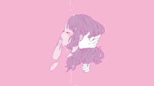 紫色頭髮的動漫女孩漂浮在粉紅色空間中，雙手靠近臉部。 — 粉紅色美學桌面 壁紙