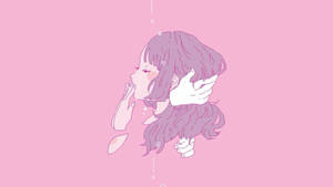 紫色頭髮的動漫女孩漂浮在粉紅色空間中，雙手靠近臉部。 — 淺粉色調 壁紙
