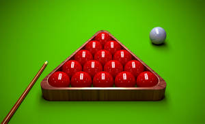綠色桌上的司諾克球架，附有球桿和白球。 — 撞球 壁紙