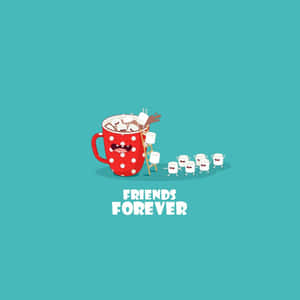 一個紅色圓點杯，裏面有棉花糖和朋友爬出來，附有文字 friends forever — 可愛的好朋友 壁紙