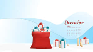紅色聖誕老人袋裝滿禮物，旁邊是2022年12月日曆和蠟燭，在雪地上。 — Pro Display XDR 壁紙