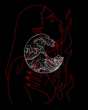 紅色輪廓的女性在黑色背景上拿著白色波浪圖畫。 — 哥德式動圖 壁紙