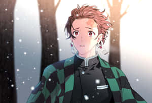 穿著綠色格紋外套的動漫男孩，黎明時分站在雪地森林中。 — 鬼滅之刃 炭治郎 壁紙