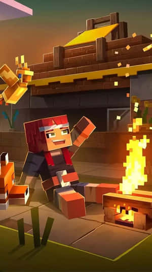 紅髮像素角色坐在Minecraft村莊營火旁。 — 我的世界 壁紙