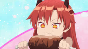 紅髮惡魔女孩在雪地背景中，憤怒地握著錘子。 — 野獸先生 壁紙