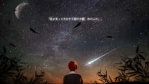 紅髮男孩在星空夜空中看著流星，旁邊有竹子。 — 暗殺教室 壁紙