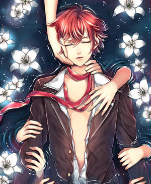 紅髮動漫男孩在星光燦爛的夜晚被白色百合花包圍。 — 水龍 壁紙