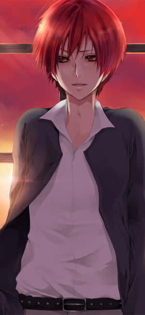 動漫男性，紅髮，身穿白襯衫和黑色外套，在夕陽下。 — Pixel 10 Pro XL 壁紙