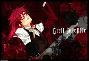 動漫角色Grell Sutcliff，紅髮持劍，被玫瑰環繞。 — 黑執事 壁紙