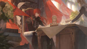 動漫角色在一個有紅色窗簾和書本的皇家寶座廳中。 — 電玩遊戲 GIF 壁紙