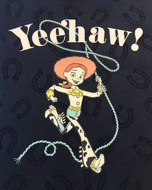 卡通女牛仔在馬蹄鐵背景上揮舞繩子，附有「Yeehaw!」文字。 — 潔西 玩具總動員 壁紙