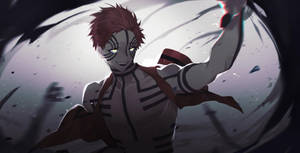 紅髮白臉的動漫戰士穿過破碎的碎片。 — 鬼滅之刃 壁紙