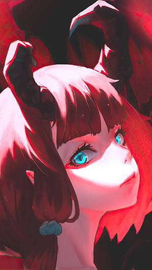 在深紅色發光場景中的紅髮藍眼動漫女孩。 — 惡魔角 壁紙