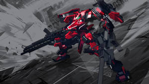 紅黑機甲戰士站在戰區破碎的混凝土中。 — 機器人 壁紙