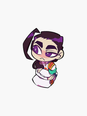 紫眼的Q版動漫女孩拿著一個彩色杯子，看起來很惱火。 — 3:4 壁紙