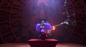 紫色動畫生物，有著狂野的頭髮，正從機械大砲中發射。 — 邪惡小小兵 壁紙