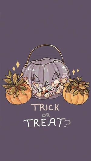 紫色南瓜燈糖果桶，帶有小南瓜和「Trick or Treat?」文字。 — 深色霓虹 iPhone 壁紙