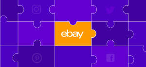 紫色拼圖，帶有社交媒體圖示和中央的 eBay 標誌。 — eBay 壁紙