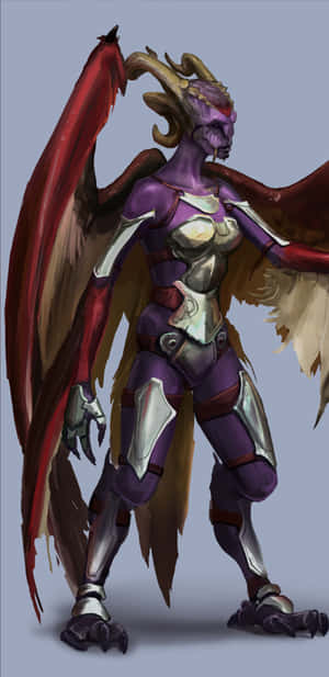 紫色龍戰士，擁有紅色翅膀和金屬盔甲，自信地站立。 — 電玩遊戲 GIF 壁紙