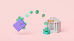 紫色錢包向一座有硬幣堆的小型銀行建築釋放硬幣。 — 乾淨 壁紙