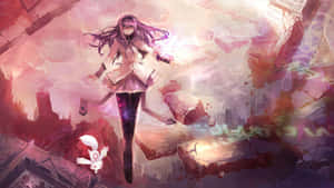 紫色頭髮的動漫女孩漂浮在破碎的城市景觀上方，天空發光粉紅色。 — 魔法少女小圓 壁紙