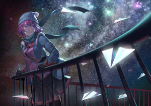 穿著冬季服裝的動漫女孩在陽台上，星空下，有紙飛機。 — 宇宙美學 壁紙
