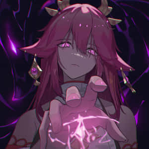 紫髮有角的動漫女孩引導發光的粉紅色魔法。 — 電玩遊戲 GIF 壁紙
