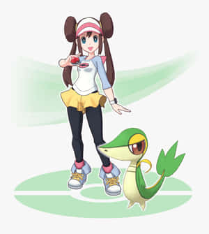 紮著雙馬尾的動畫女孩和綠色寶可夢站在圓形平台上。 — 榮耀Magic V 壁紙