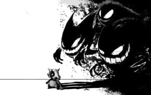 細小chibi角色對抗一個帶有發光眼睛的巨型陰影怪物。 — 乾淨 壁紙