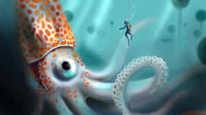 一個小潛水員在深海中探索一隻巨大的彩色魷魚。 — 章魚哥的觸手 壁紙