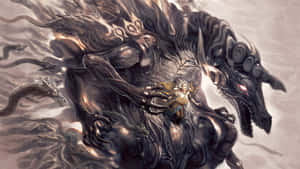 一個戰士騎著一隻巨大的黑暗龍，周圍環繞著旋轉的煙霧和較小的龍。 — 電玩遊戲 GIF 壁紙