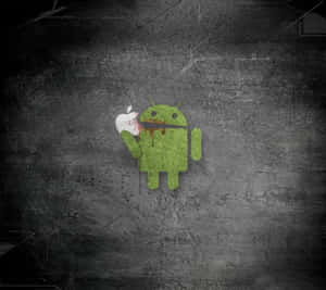綠色Android吉祥物在深色混凝土牆前拿著一個血淋淋的Apple標誌。 — 安卓 壁紙