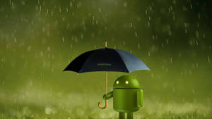 綠色Android吉祥物在雨天的綠色環境中撐著黑色雨傘。 — 機器人 壁紙