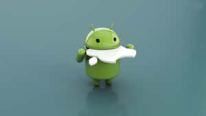 綠色Android吉祥物在青綠色背景上手持白色智慧型手機。 — 安卓 壁紙