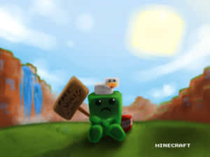 綠色Minecraft苦力怕在峽谷中頭頂鴨子提供免費擁抱。 — 電玩遊戲 GIF 壁紙