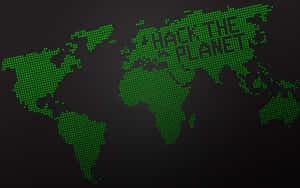 深色背景上綠色像素化世界地圖與文字hack the planet — 駭客面具 壁紙
