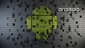 由立方體組成的綠色Android機器人，位於灰色立方體牆上，帶有'android'文字。 — 安卓 壁紙
