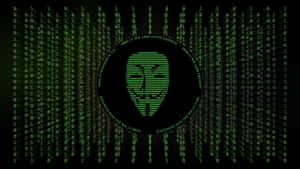 綠色二進位代碼圍繞著帶有文字的Anonymous面具墜落。 — 黑客 壁紙