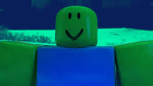 一個在霓虹燈虛擬環境中微笑的綠色方塊頭像。 — 酷炫 Roblox 壁紙