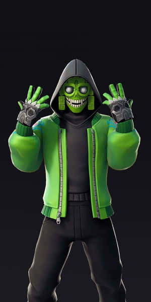 綠色皮膚的Fortnite角色穿著連帽衫，眼睛發光，戴著金屬手套。 — 18:9 壁紙