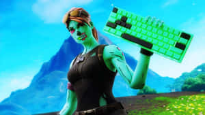 殭屍Fortnite角色在山區風景中拿著一個發光綠色鍵盤。 — 可愛萬聖節 壁紙