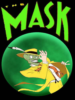 綠色皮膚的卡通角色穿著黃色西裝，揮手並帶有「The Mask」標題。 — 卡通 壁紙