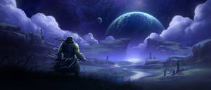 綠色獸人戰士看著外星夜空中的發光藍色星球。 — 美學天空 壁紙