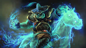 獸人戰士騎著發光的藍色幽靈馬揮舞閃電。 — 電玩遊戲 GIF 壁紙